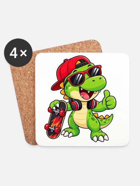 Dino-Skater mit Sonnenbrille und Mütze - Untersetzer (4er-Set) - Weiß