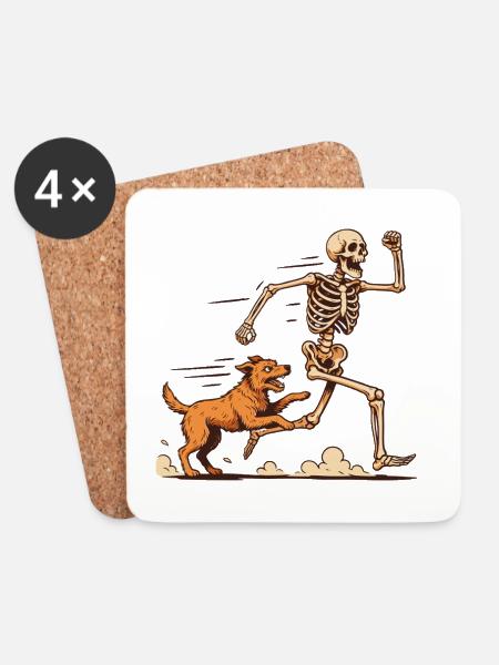 Lustiger Hund jagt, rennendes Skelett Halloween - Untersetzer (4er-Set) - Weiß