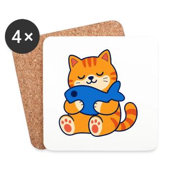 Orangefarbene getigerte Katze umarmt ein Fischkissen - Untersetzer (4er-Set) - Weiß - Vorne