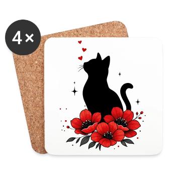 Schwarze Katze & Rote Mohnblume - Untersetzer (4er-Set) - Weiß - Vorne