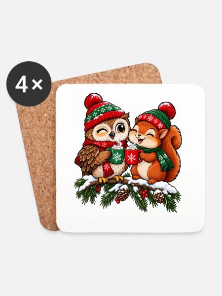 Weihnachten Eule Eichhörnchen Kakao Geschenk - Untersetzer (4er-Set) - Weiß