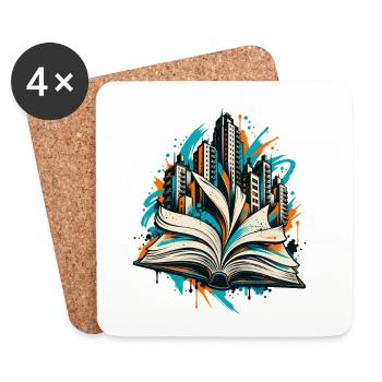 Bücherwelten – Skyline aus offenem Buch - Untersetzer (4er-Set) - Weiß - Vorne