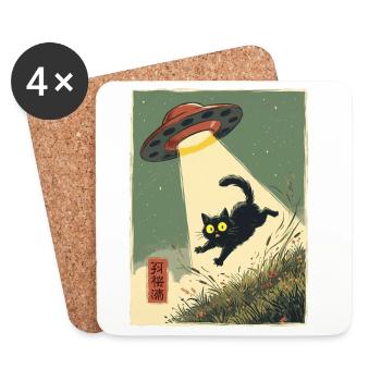 Katze UFO Entführung Japanisch Retro Alien - Untersetzer (4er-Set) - Weiß - Vorne