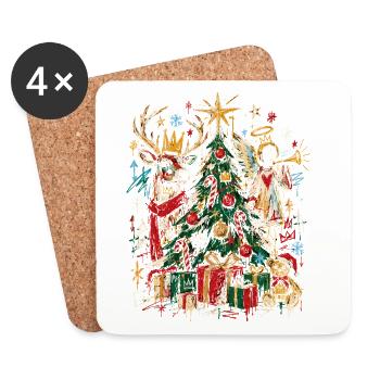 Weihnachtsbaum mit Engeln und Rentieren - Untersetzer (4er-Set) - Weiß - Vorne