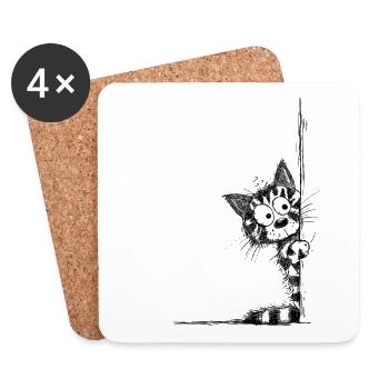 Getigerte Katze Sketch schaut um die Ecke - Untersetzer (4er-Set) - Weiß - Vorne