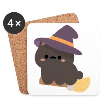 Kawaii-Hexenpudding auf einem Besen - Untersetzer (4er-Set) - Weiß - Vorne