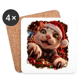 Verrückte Weihnachtskatze – Bescherung mit Krallen - Untersetzer (4er-Set) - Weiß - Vorne