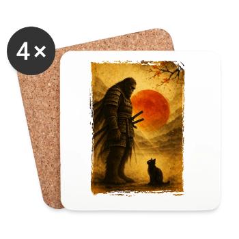 Samurai Bigfoot, Japanisch Grafik, Schwarze Katze - Untersetzer (4er-Set) - Weiß - Vorne