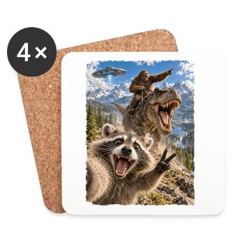 Lustiges Waschbär Selfie mit Bigfoot, T-Rex, UFO - Untersetzer (4er-Set) - Weiß - Vorne