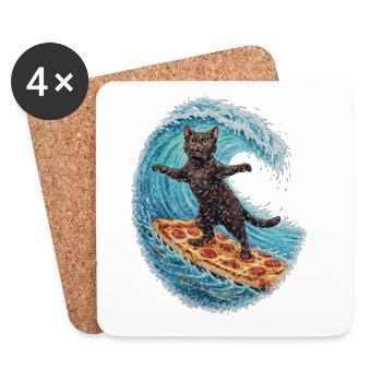 Schwarzer Kater surft auf Pizza Welle - Untersetzer (4er-Set) - Weiß - Vorne