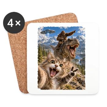 Lustiges Katze Selfie mit Bigfoot, T-Rex, UFO - Untersetzer (4er-Set) - Weiß - Vorne