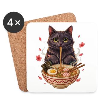 Schwarzer Kater schlürft Ramen Nudeln - Untersetzer (4er-Set) - Weiß - Vorne