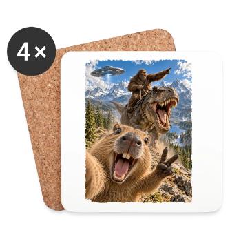 Lustiges Capybara Selfie mit Bigfoot, T-Rex, UFO - Untersetzer (4er-Set) - Weiß - Vorne