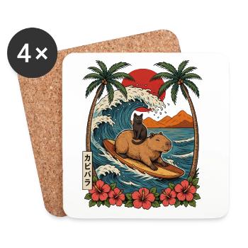Capybara und Kater surfen auf der großen Welle - Untersetzer (4er-Set) - Weiß - Vorne
