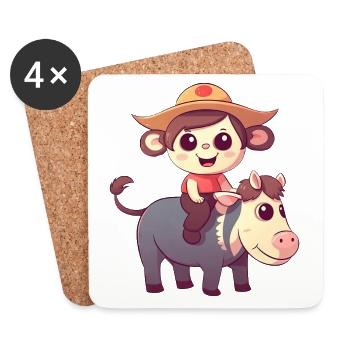 Mädchen, Affe und Kuh, Charmantes Kinderdesign - Untersetzer (4er-Set) - Weiß - Vorne