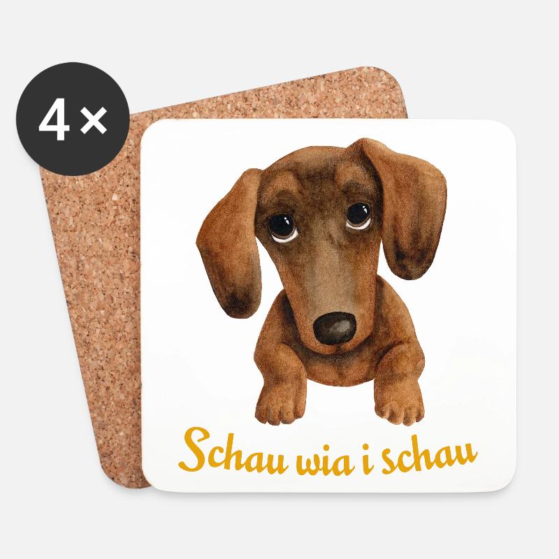 Dackelblick "Schau wia i schau" – Dackel Geschenk - Untersetzer (4er-Set) - Weiß