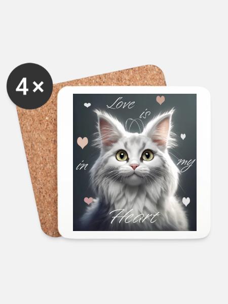 Katzenliebe – Liebe liegt in meinem Herzen - Untersetzer (4er-Set) - Weiß