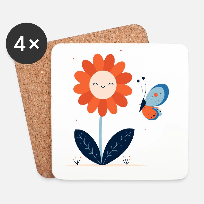 Laughing Flower with Butterfly - Coasters (set of 4) - white