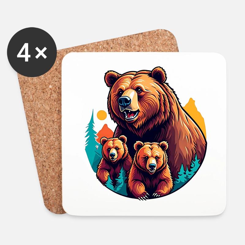 Grizzly Mama mit Kindern - Untersetzer (4er-Set) - Weiß
