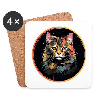 Portrait de chat mignon en technique d'aquarelle dans un cercle - Dessous de verre (lot de 4) - blanc - Devant