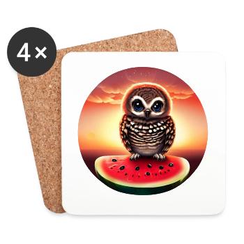 Hibou sur pastèque au coucher du soleil - Dessous de verre (lot de 4) - blanc - Devant