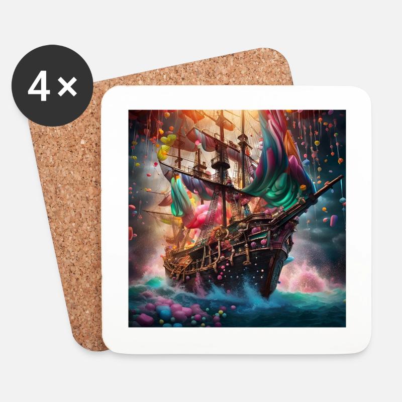 Süßigkeiten-Piratenschiff - Untersetzer (4er-Set) - Weiß