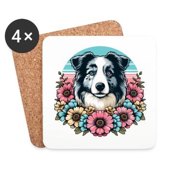 Border Collie Rétro Pastel Floral Bleu Merle - Dessous de verre (lot de 4) - blanc - Devant