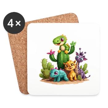 Süße Tierwelt zwischen Kakteen - Untersetzer (4er-Set) - Weiß - Vorne