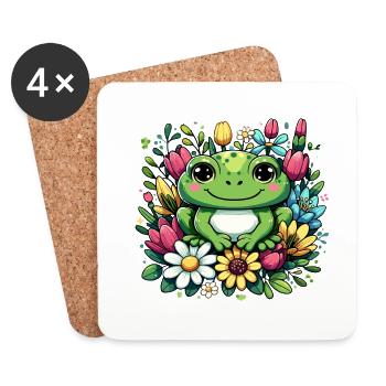 Einzigartiges Frosch-Design im Blumenkranz! - Untersetzer (4er-Set) - Weiß - Vorne