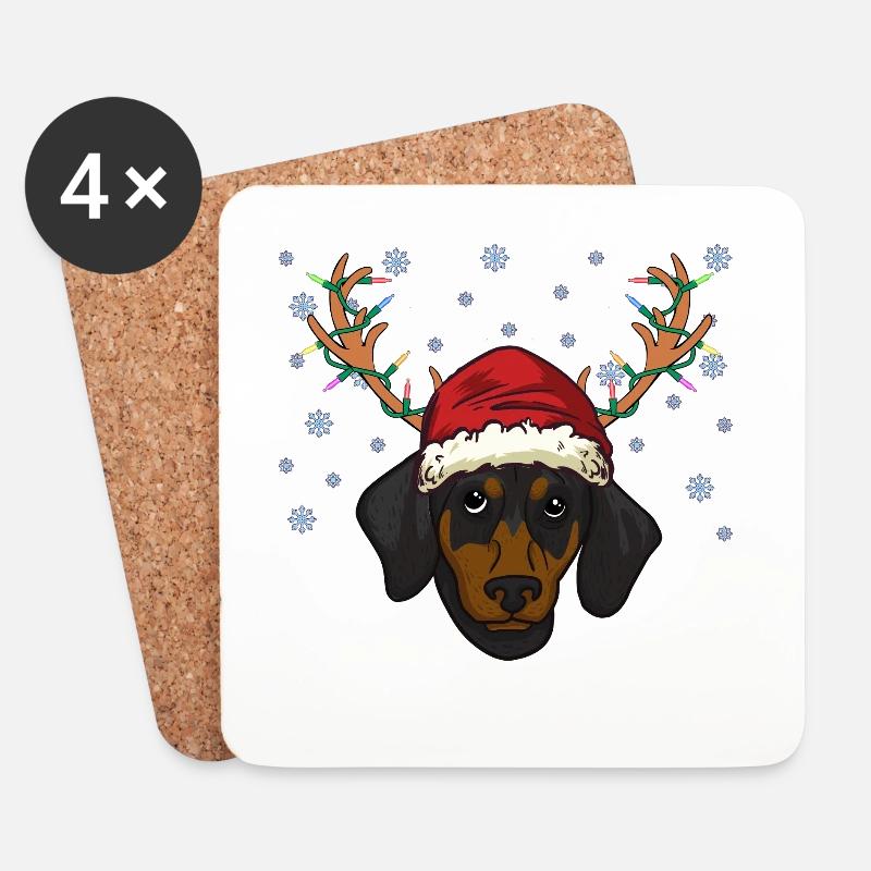 Dackel Welpe mit Weihnachtsmütze und Geweih - Untersetzer (4er-Set) - Weiß