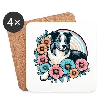 Border Collie Rétro Pastel Floral Bleu Merle - Dessous de verre (lot de 4) - blanc - Devant