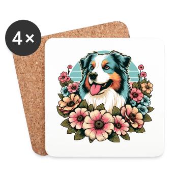 Australian Shepherd blue merle Pastel Retro Flowers - Coasters (set of 4) - white - Front