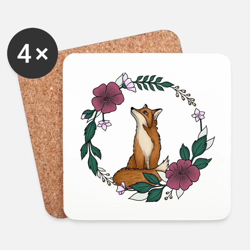 Fuchs und Blumen - Untersetzer (4er-Set) - Weiß