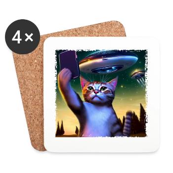 Katzen-Selfie mit UFO - Untersetzer (4er-Set) - Weiß - Vorne