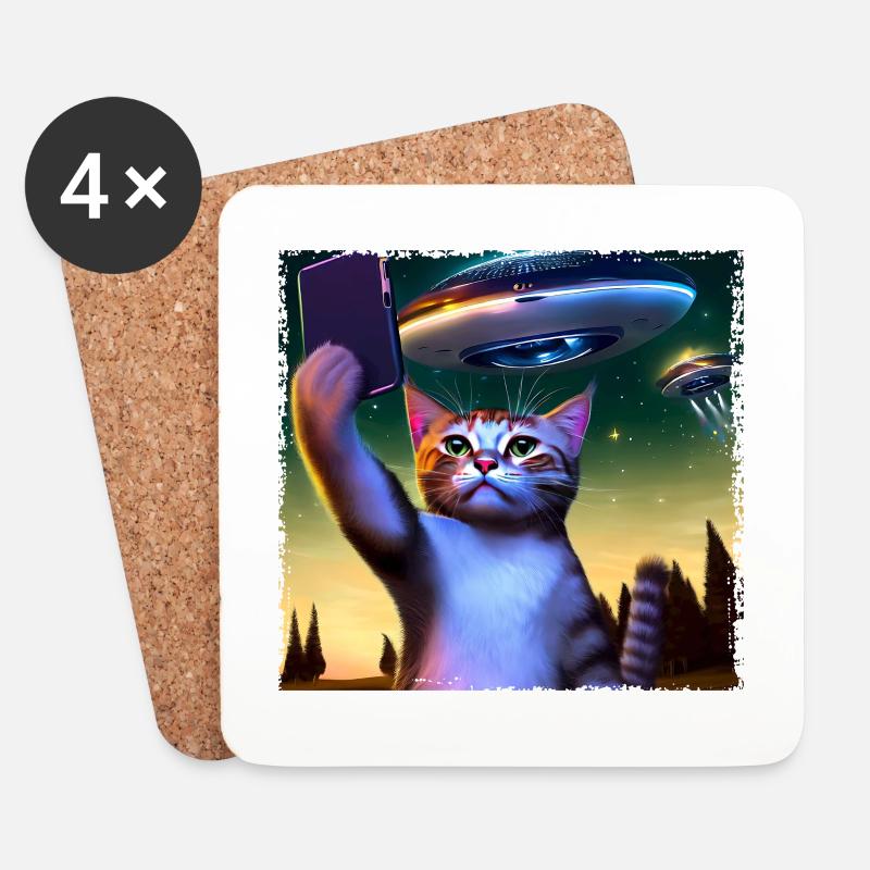 Katzen-Selfie mit UFO - Untersetzer (4er-Set) - Weiß
