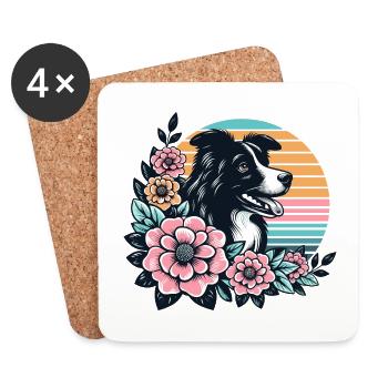 Border Collie Rétro Pastel Floral Noir Blanc - Dessous de verre (lot de 4) - blanc - Devant