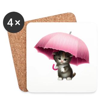 Chat avec parapluie rose - Dessous de verre (lot de 4) - blanc - Devant