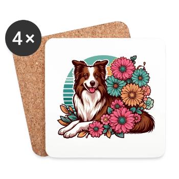 Border Collie Rétro Pastel Floral Rouge Marron - Dessous de verre (lot de 4) - blanc - Devant