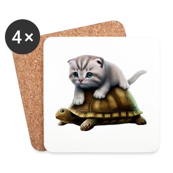 Cat on turtle - Coasters (set of 4) - white - Front