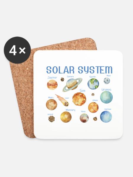 Aquarellwunder - Benanntes Sonnensystem - Untersetzer (4er-Set) - Weiß