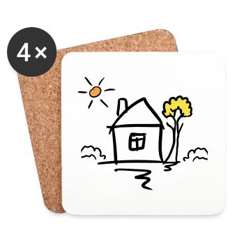 House with tree and sun. Drawing. Hand Drawn - Coasters (set of 4) - white - Front