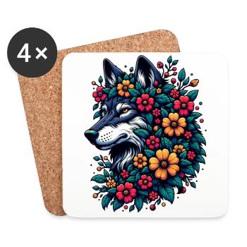 Wolf With Flowers Colorful Animal Motif Gray Wolf Flowers - Coasters (set of 4) - white - Front