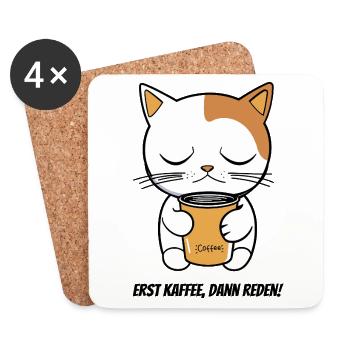 Erst Kaffee, dann reden – Morgenmuffel Katze - Untersetzer (4er-Set) - Weiß - Vorne