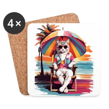 KATZENSTRANDZEIT, KATZENURLAUB UND SOMMERSTIMMUNG - Untersetzer (4er-Set) - Weiß - Vorne