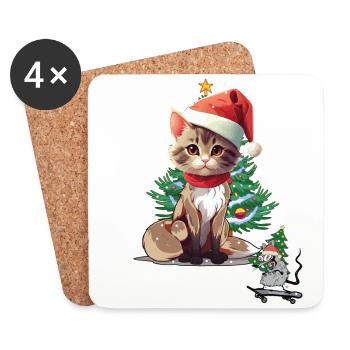 Katze Maus Weihnachten Santa Nikolaus Christmas - Untersetzer (4er-Set) - Weiß - Vorne