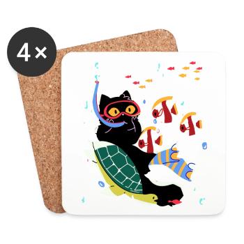 chat tortue plongée poissons mer cadeau - Dessous de verre (lot de 4) - blanc - Devant