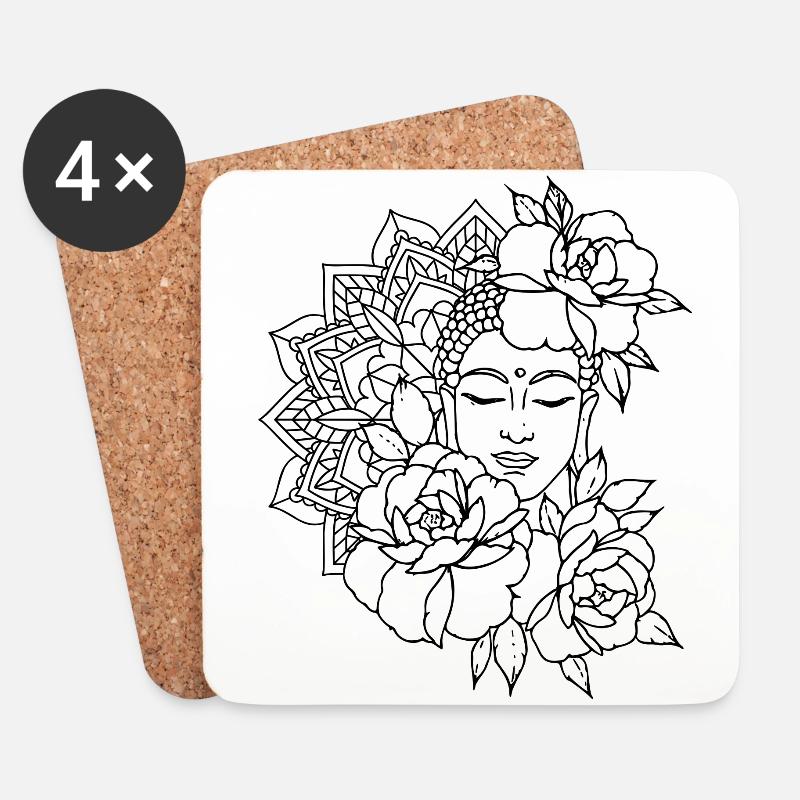 Buddha mit Mandala und Blumen - Untersetzer (4er-Set) - Weiß