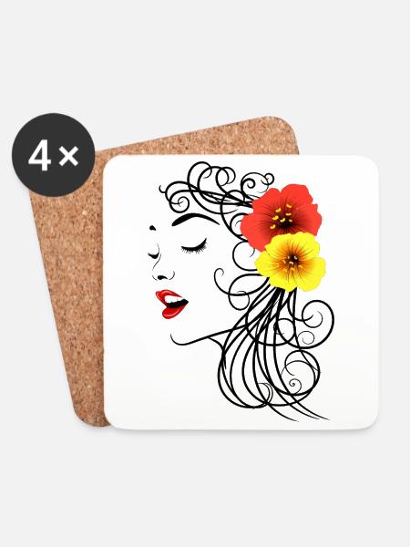 Frau mit roten und gelben Hibiskusblüten - Untersetzer (4er-Set) - Weiß