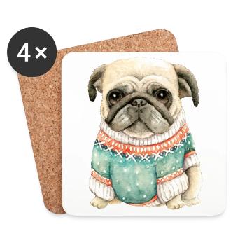 Mignon chiot carlin en hiver chandail-cadeau pour amour carlin - Dessous de verre (lot de 4) - blanc - Devant