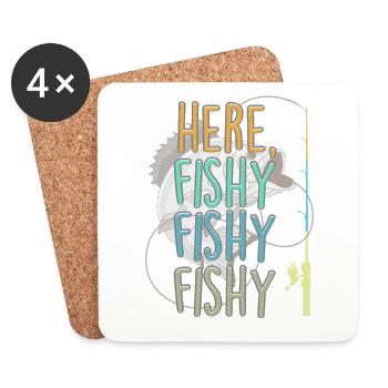 Here Fishy Angler Fishing Rod Fish Fishing Saying - Coasters (set of 4) - white - Front